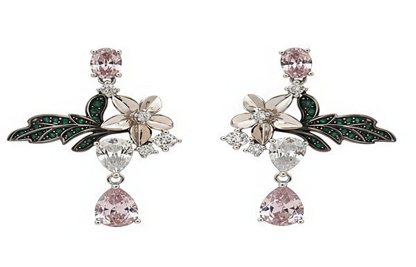 Pair of floral earrings with pink gemstones on a white background