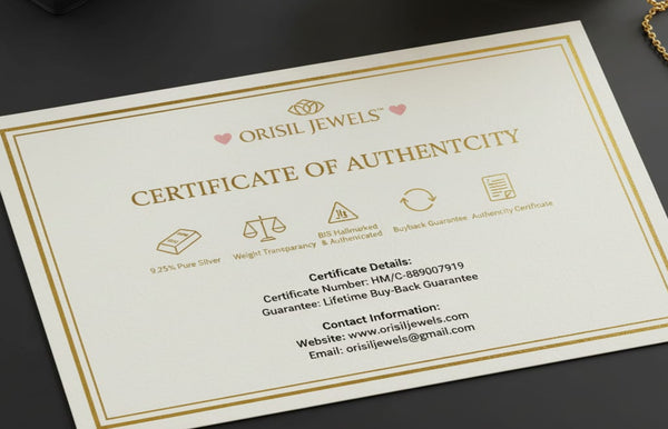 Orisil Jewels certificate of authenticity on a dark surface
