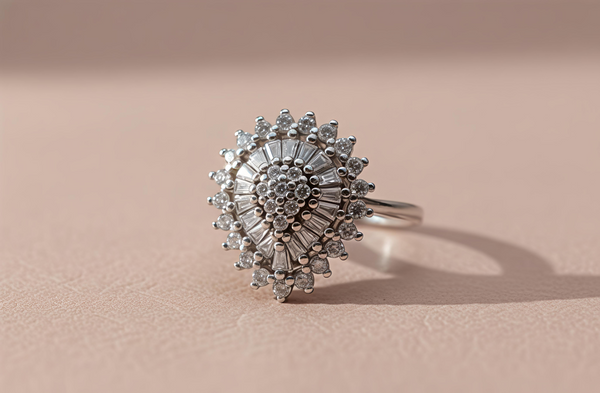 Exquisite Diamond-Style Sunburst Statement Ring in White Gold Finish