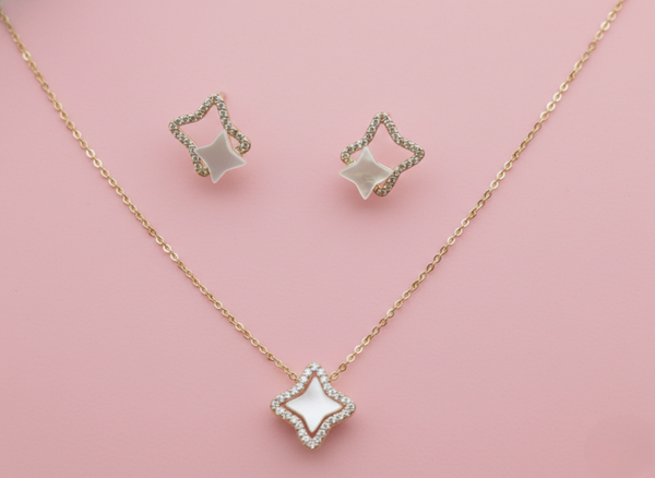 Orisil Jewels™ Star-Shaped Mother of Pearl Necklace & Earrings Set in 92.5 Silver.