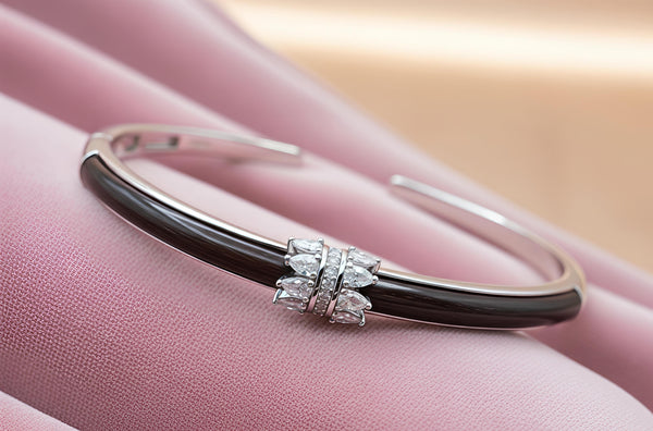 Elegant Silver & Black Crystal Cuff Bracelet with Easy-Open Spring Hinge (Size 2.2)