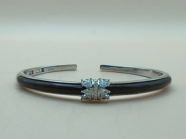 Elegant Silver & Black Crystal Cuff Bracelet with Easy-Open Spring Hinge (Size 2.2)