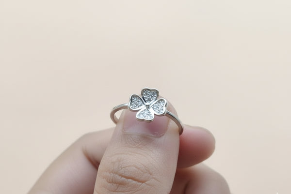 Orisil Jewels: Dainty Four-Leaf Clover Sparkle Ring Crafted with Pure 92.5 Sterling Silver