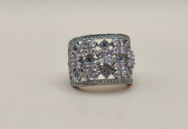 Orisil Jewels: Elegant Pink Floral Lattice Statement Ring Crafted with Pure 92.5 Sterling Silver