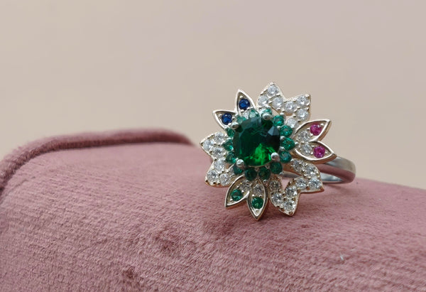 Orisil Jewels: Royal Emerald Bloom Floral Ring Elevate your elegance with our Royal Emerald Bloom Floral Ring.
