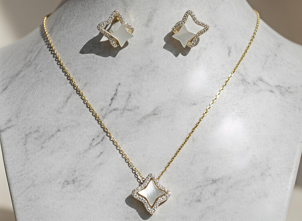 Orisil Jewels™ Star-Shaped Mother of Pearl Necklace & Earrings Set in 92.5 Silver.