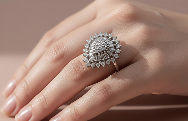 Exquisite Diamond-Style Sunburst Statement Ring in White Gold Finish