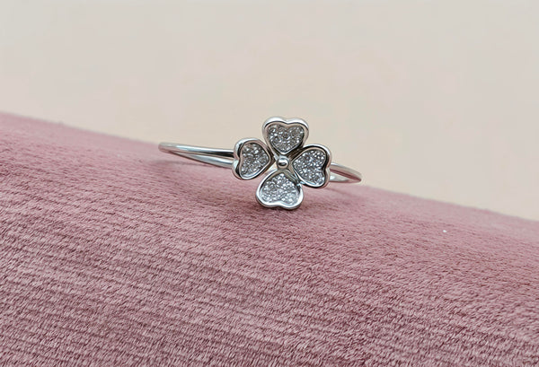 Orisil Jewels: Dainty Four-Leaf Clover Sparkle Ring Crafted with Pure 92.5 Sterling Silver