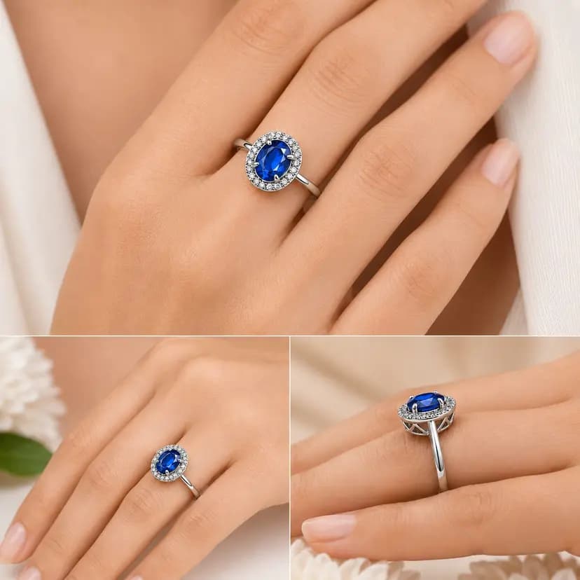 Oval Gemstone Halo Ring for Women | 925 Sterling Silver | Sparkling CZ Accent Stones | Available in Blue & Red Stone Variants