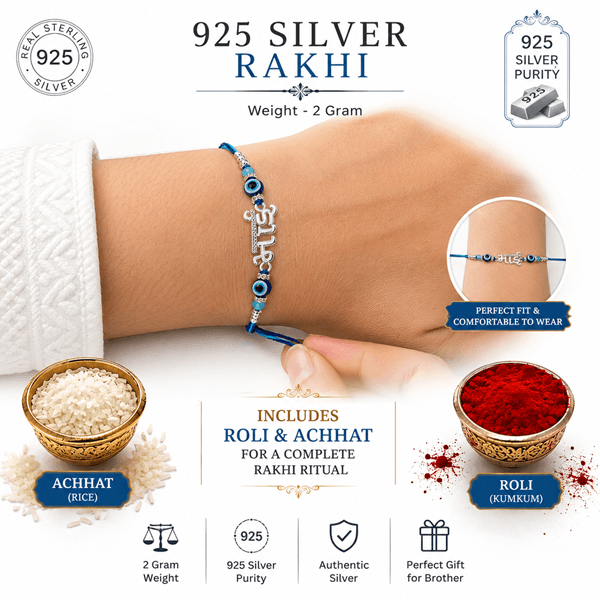 orisil jewels 925 Sterling Silver Rakhi for Brother | Bhai Charm with Evil Eye Beads | Includes Roli & Achhat  view 1