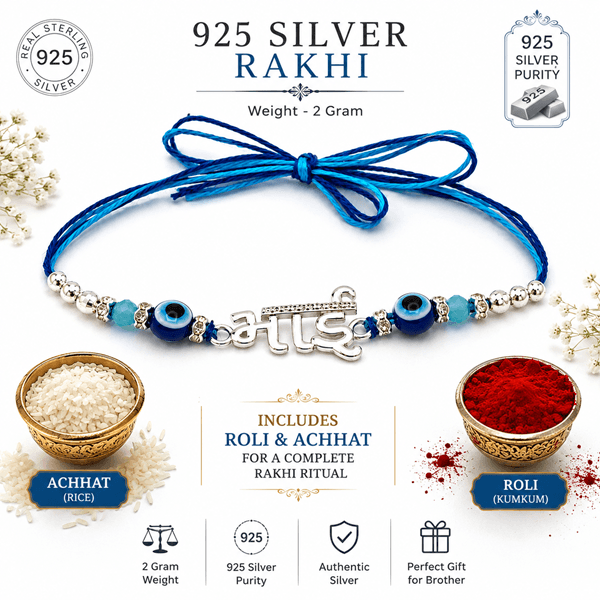 orisil jewels 925 Sterling Silver Rakhi for Brother | Bhai Charm with Evil Eye Beads | Includes Roli & Achhat  view 4