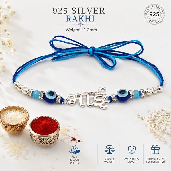 orisil jewels 925 Sterling Silver Rakhi for Brother | Bhai Charm with Evil Eye Beads | Includes Roli & Achhat 
