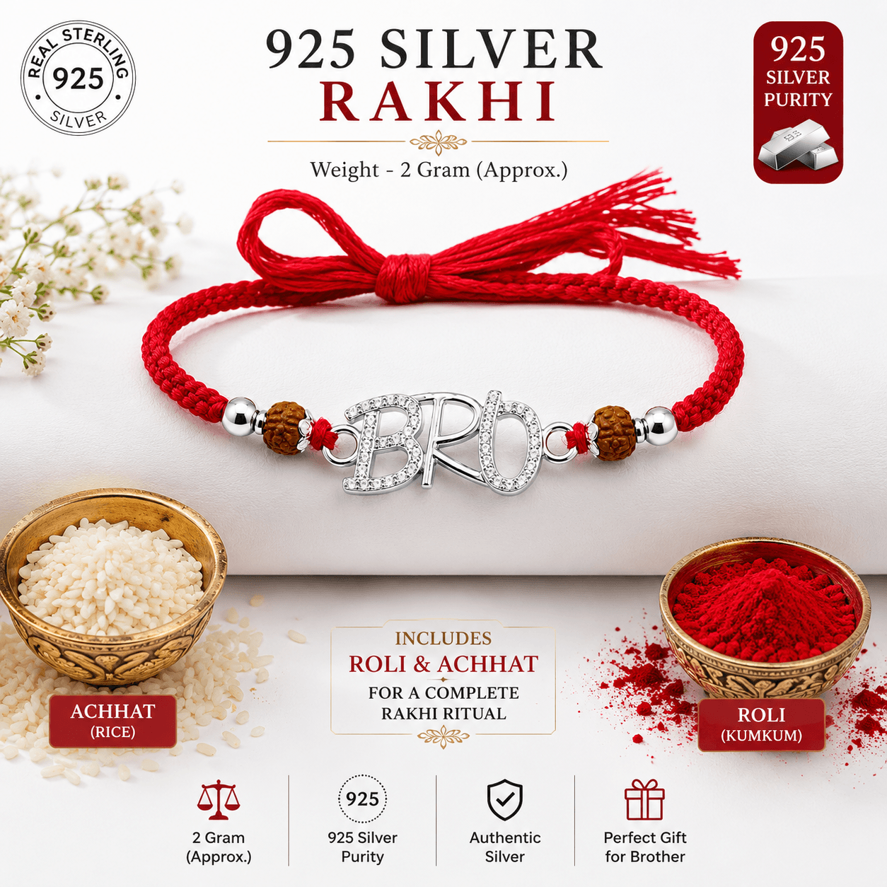 925 Sterling Silver Rakhi for Brother with Roli & Chawal | Handmade Raksha Bandhan Rakhi | Gift for Men & Boys | With Certificate of Authenticity and 925 Stamp view 3