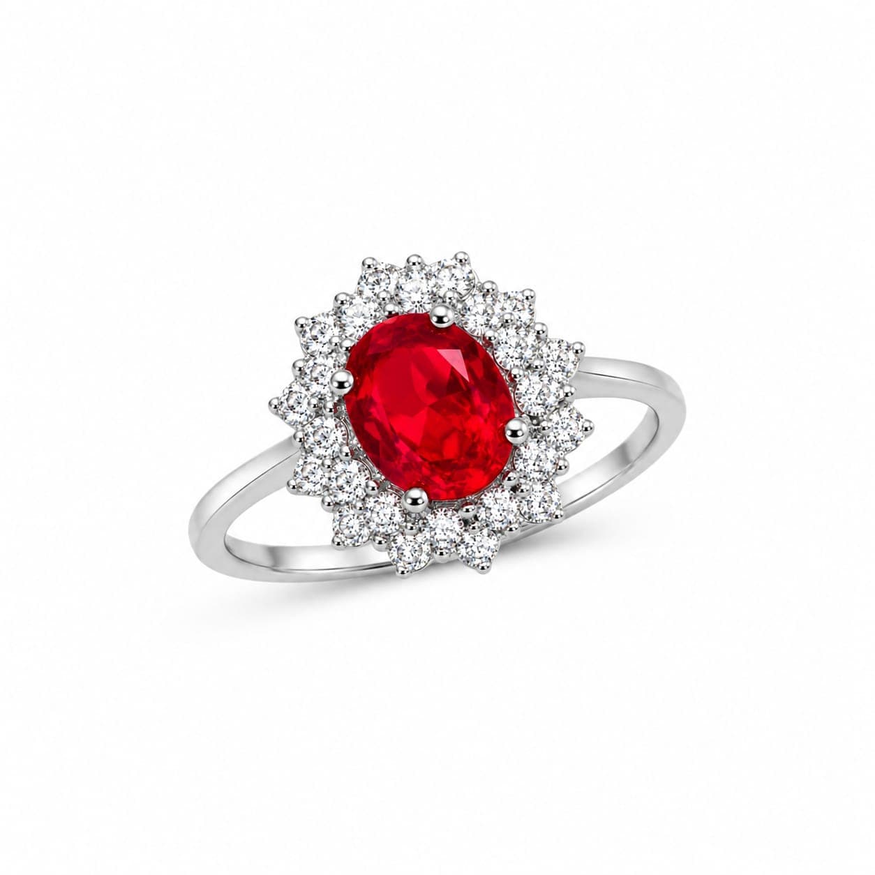 925 Sterling Silver Oval Ruby Red Halo Ring for Women | CZ Diamond Cluster Engagement Ring (Design 1)