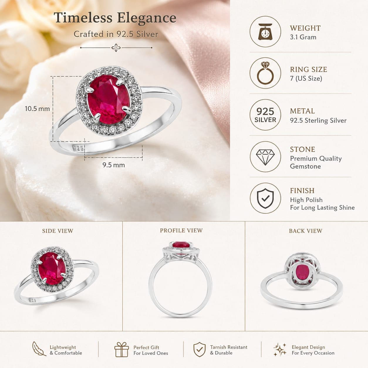 Oval Gemstone Halo Ring for Women | 925 Sterling Silver | Sparkling CZ Accent Stones | Available in Blue & Red Stone Variants