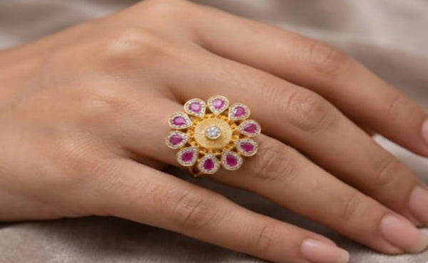 Premium Floral Ruby-Accent Adjustable Ring🌸✨