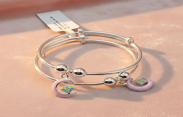 🌙 925 Sterling Silver Baby Moon &amp; Diamond Adjustable Kada (Pair).