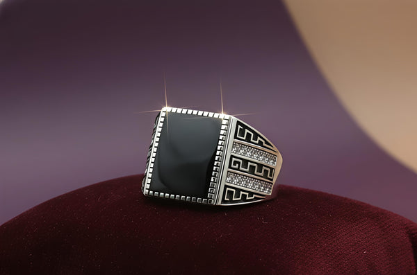 92.5 Sterling Silver Modern Geometric Onyx Gents Ring.