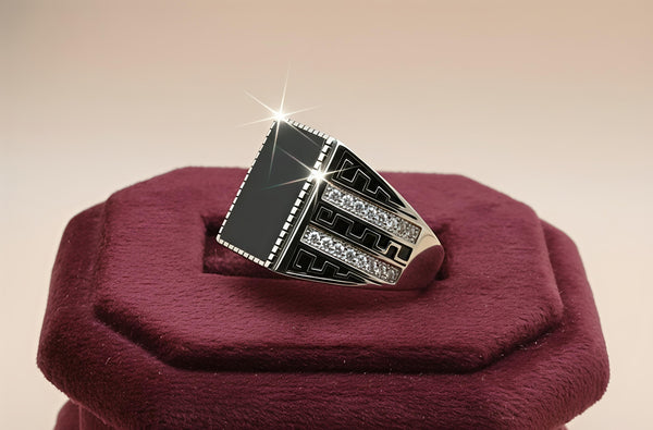 92.5 Sterling Silver Modern Geometric Onyx Gents Ring.