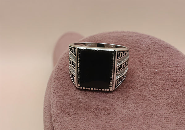 92.5 Sterling Silver Modern Geometric Onyx Gents Ring.
