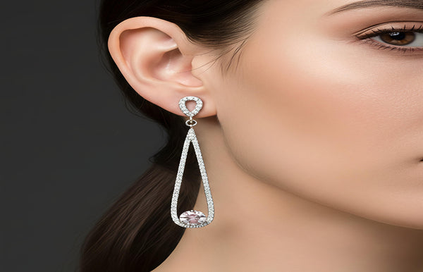 Close-up of a woman wearing a sparkling earring on a dark background