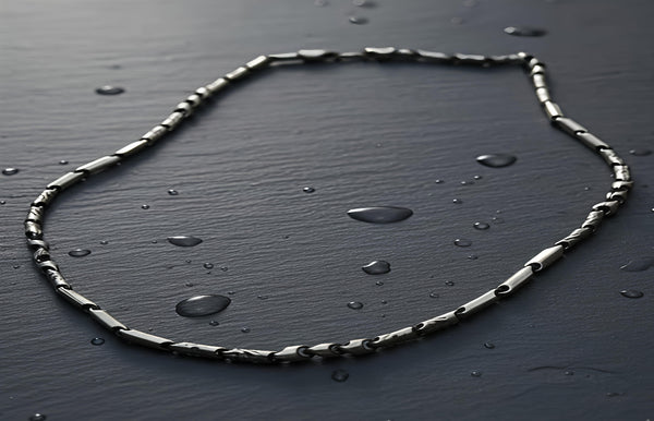 Silver necklace on a dark textured surface with water droplets