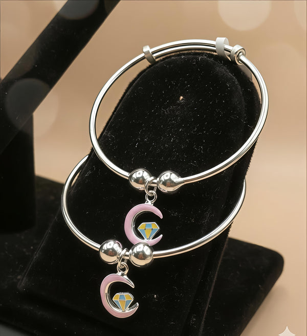 🌙 925 Sterling Silver Baby Moon &amp; Diamond Adjustable Kada (Pair).