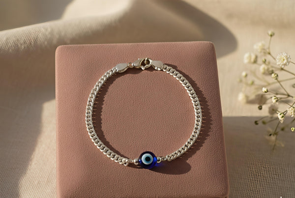 92.5 Sterling Silver Evil Eye Curb Link Bracelet