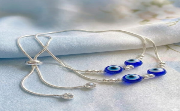 925 Sterling Silver Evil Eye Adjustable Bracelet & Anklet Set