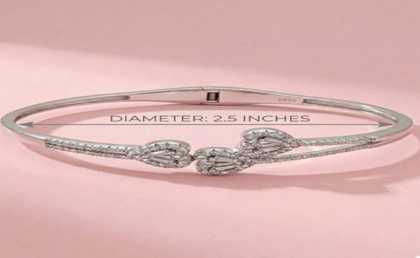 Orisil Jewels 925 Sterling Silver Triple Heart Crystal Bangle Bracelet – Hinged Spring Design (2.5 Inches)