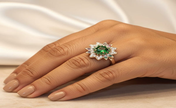 Orisil Jewels: Royal Emerald Bloom Floral Ring Elevate your elegance with our Royal Emerald Bloom Floral Ring.