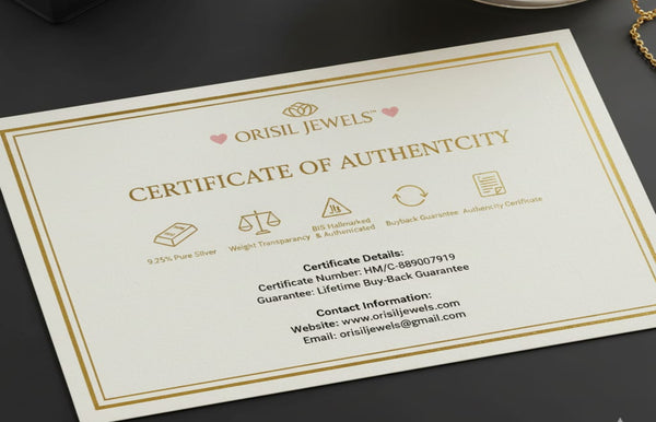 Orisil Jewels certificate of authenticity on a dark surface