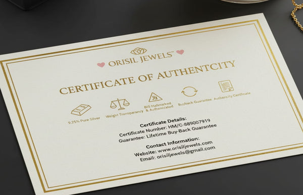 Orisil Jewels certificate of authenticity on a dark surface