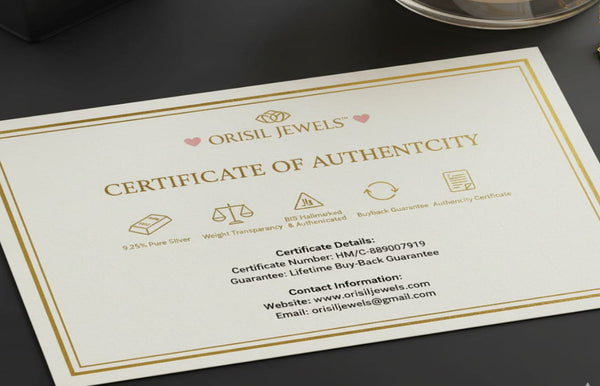 Orisil Jewels certificate of authenticity on a dark surface
