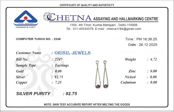 Certificate of Quality and Authenticity for earrings from Chetna Assaying and Hallmarking Centre