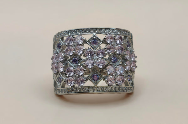 Orisil Jewels: Elegant Pink Floral Lattice Statement Ring Crafted with Pure 92.5 Sterling Silver
