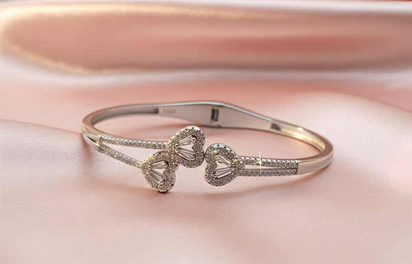 Orisil Jewels 925 Sterling Silver Triple Heart Crystal Bangle Bracelet – Hinged Spring Design (2.5 Inches)