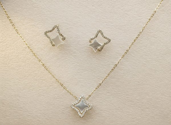 Orisil Jewels™ Star-Shaped Mother of Pearl Necklace & Earrings Set in 92.5 Silver.